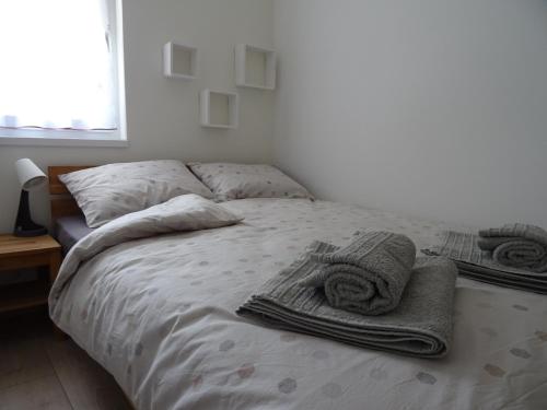 1 cama con toallas y almohadas en el dormitorio en Apartment Josephine en Tolmin
