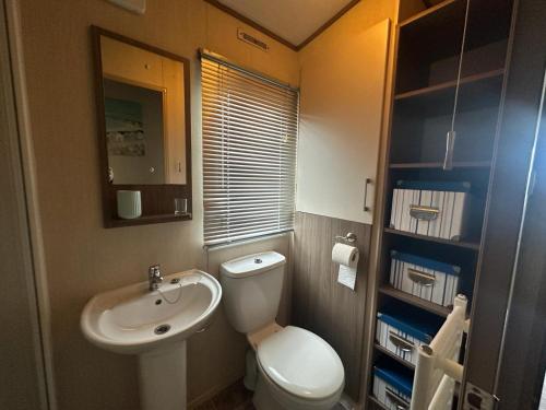 a small bathroom with a toilet and a sink at Harries Lodge ocean in New Quay