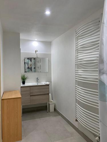 une salle de bain avec un lavabo et un miroir dans l'établissement Domaine du Mont des Chênes, à Monthou-sur-Cher