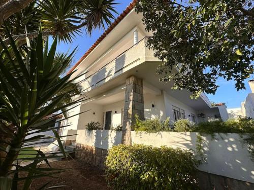 una casa bianca con una palma di fronte di Nice Villa in Cascais, near the center and beaches, but in a very quite neighborhood a Cascais