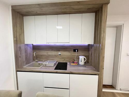 a kitchen with white cabinets and a sink at Apartment Irma in Sarajevo