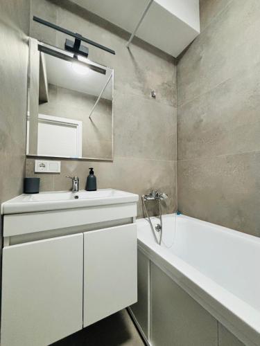 a bathroom with a sink and a bath tub at Milescu Residence in Chişinău