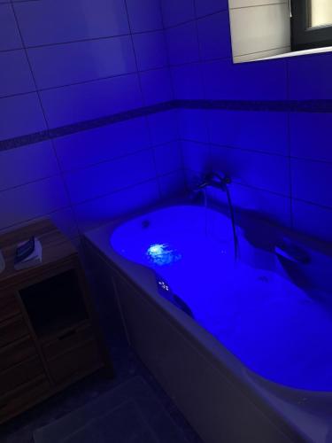 a blue bath tub in a bathroom with a window at Chambre d'hôtes Bambou- A l'Ombre des Tilleuls in Lagorce