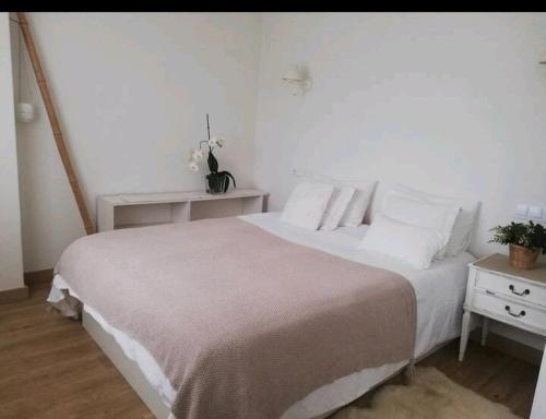 sypialnia z białym łóżkiem i stolikiem nocnym w obiekcie Casa Suria w mieście Coristanco