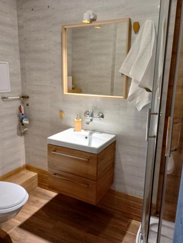 a bathroom with a sink and a mirror at Apartament koło Zamku in Malbork