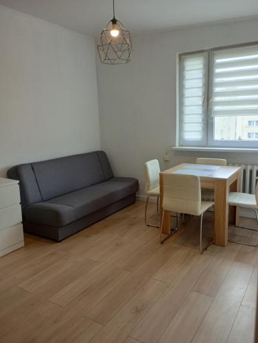 a living room with a couch and a table at Apartament koło Zamku in Malbork
