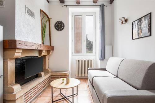 un salon avec un canapé et une cheminée dans l'établissement Nationale 102 CahorsCityStay, à Cahors