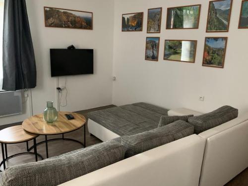 a living room with a couch and a table at hřensko 114 in Hřensko