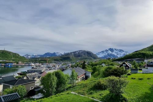 a town with a river and mountains in the background at Nice house with a great view! in Skjervøy