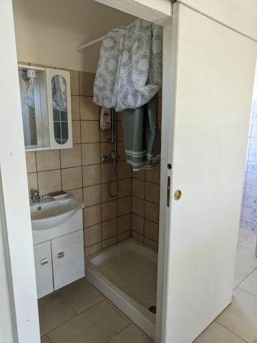 a small bathroom with a shower and a sink at Attico Nel Verde - Bonsignore in Tricase