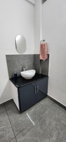 a bathroom with a sink and a mirror on a counter at Cherry blossom homestays Munnar 3BHK in Anachal