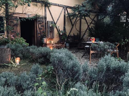 een tuin met een tafel en een gebouw bij Ranch Nana's House in Slovenske Konjice