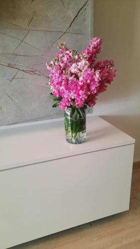 um vaso de flores cor-de-rosa sentado numa mesa branca em Center apartament em Fier