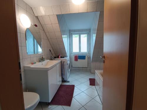ein Badezimmer mit einem Waschbecken, einem WC und einem Spiegel in der Unterkunft Dachwohnung am Schlosspark in Wiesbaden