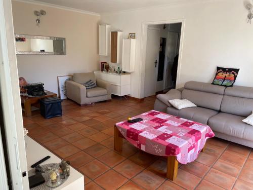 salon z kanapą i stołem w obiekcie magnifique maison 6 personne piscine w mieście Antibes
