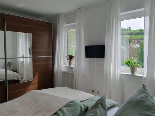 1 dormitorio con cama y ventana grande en Ferienwohnung Panoramablick, en Bad Mergentheim