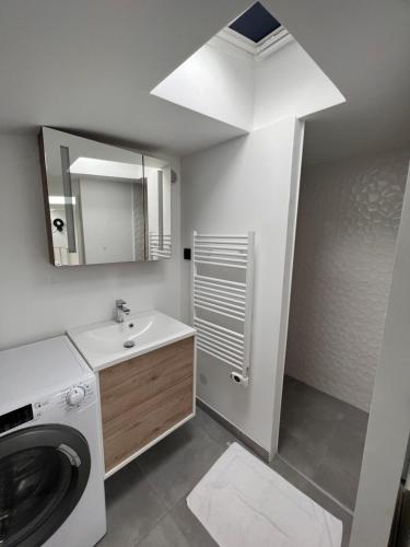 une salle de bain avec un lavabo et une machine à laver dans l'établissement Joli duplex, à Colombes