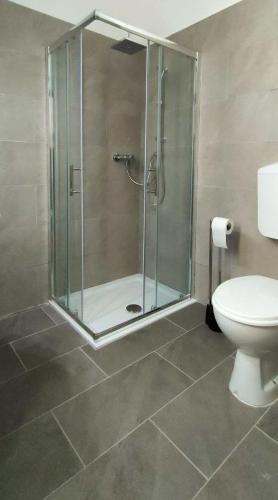 a glass shower in a bathroom with a toilet at Viale Aurora in Bibione
