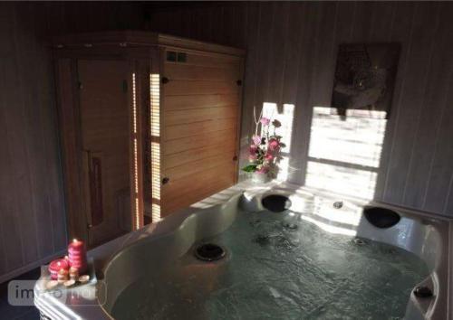 een groot bad in een badkamer met een raam bij Maison chaleureuse avec piscine et SPA en option in Levroux