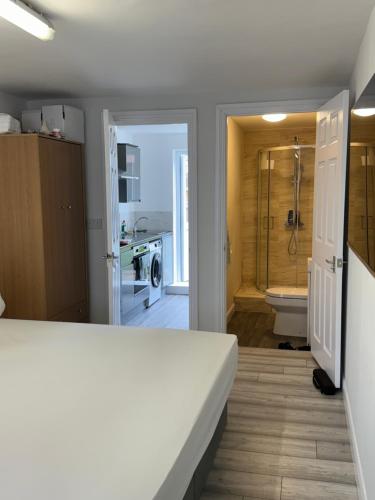 Habitación con baño con cama y ducha. en Posh Executive Studio London, en Thamesmead