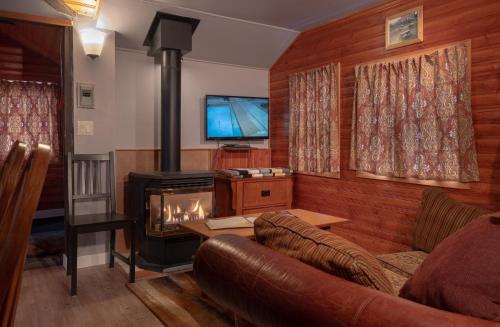 a living room with a couch and a stove at Hillside Bungalows in Banff