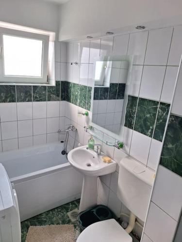 a bathroom with a sink and a toilet and a tub at Miha's Apartament Sulina in Sulina