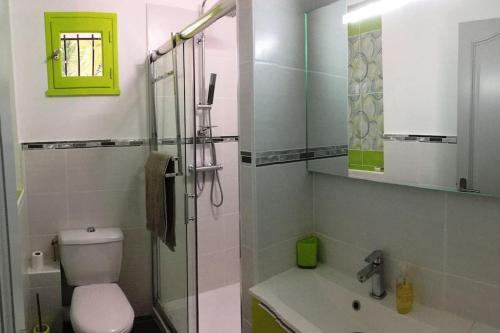 une salle de bain avec toilettes, lavabo et douche dans l'établissement Villa avec piscine dans la garrigue entre Narbonne et Méditerranée, à Armissan