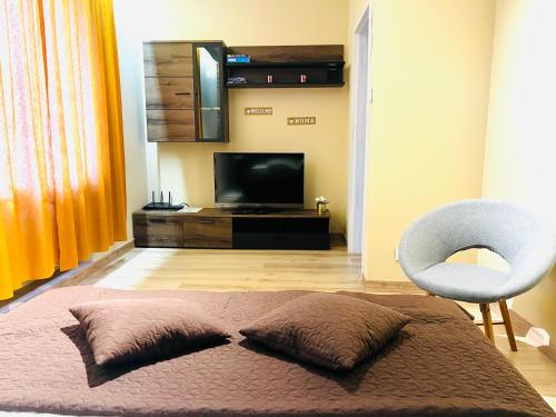 um quarto com uma cama, uma cadeira e uma televisão em Apartments Gradowa em Bialystok