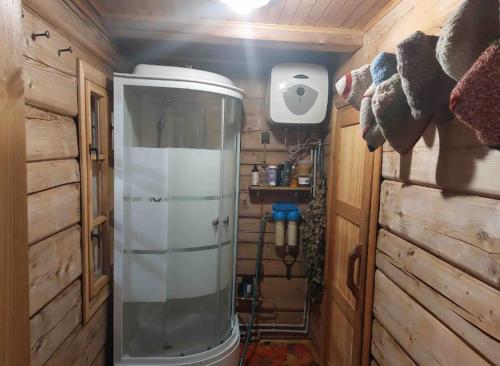 a small bathroom with a shower in a log cabin at Ramus Ūkis 