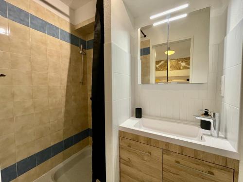 une salle de bain avec un lavabo et une douche dans l'établissement Golfes clairs - Duplex climatisé - Wifi, à Argelès-sur-Mer