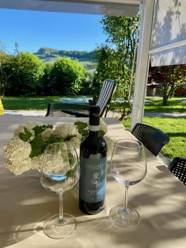 a bottle of wine sitting on a table with two glasses at Residence delle Rose in Barolo
