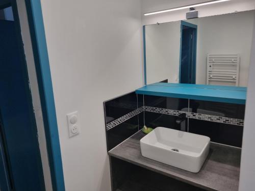 uma casa de banho com um lavatório e um espelho em APPARTEMENT PRES DE LA MER AVEC GRANDE TERRASSE em Riantec