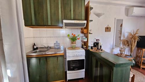 a kitchen with green cabinets and a white stove top oven at Sardinian Seaside Retreats in Badesi
