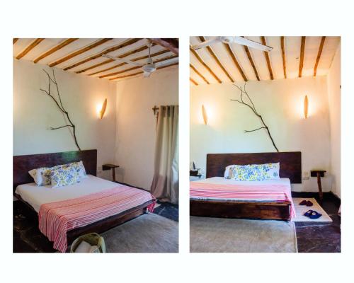 2 fotos de un dormitorio con 2 camas en Kinazini getaway-Diani beach, en Kwale