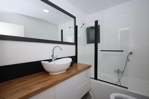 uma casa de banho com um lavatório e uma cabina de duche em vidro. em וילת פאר בקו ראשון לים em Ashdod