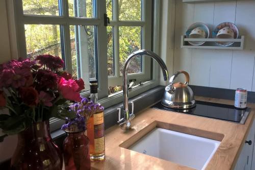 uma cozinha com um lavatório e flores num balcão em Duck Hut em Dundon