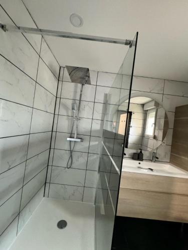 a shower with a glass door in a bathroom at Maison aux pieds du circuit de Mirecourt in Baudricourt