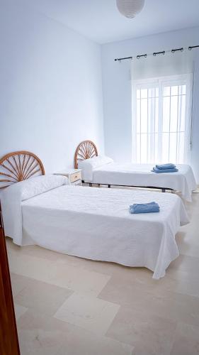 two beds in a white room with two bedsvisor at Alojamientos Claus in Almodóvar del Río
