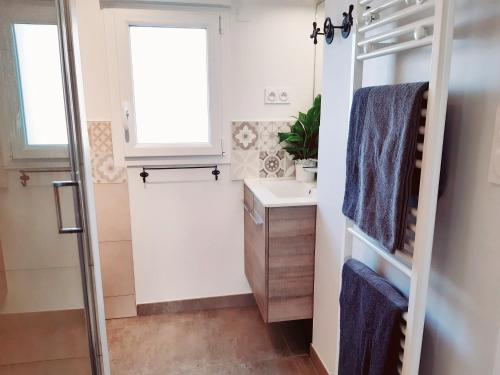 ein Bad mit einem Waschbecken und einem Spiegel in der Unterkunft Location Logement Au Cœur du Vignoble et Spa in La Chapelle-Heulin