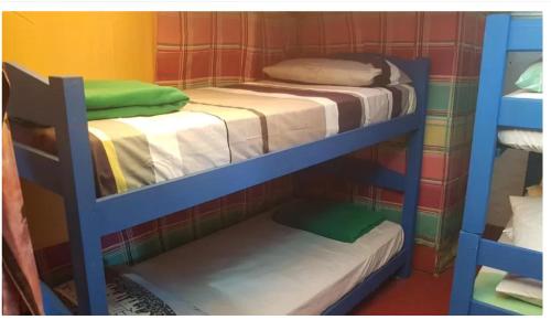 2 Etagenbetten in einem Zimmer mit 2 kleineren Betten in der Unterkunft Darwin Hostel in Cabo Polonio