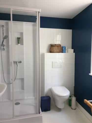 une salle de bain avec une douche, des toilettes et un lavabo dans l'établissement Villa Familia, à Grandcamp-Maisy