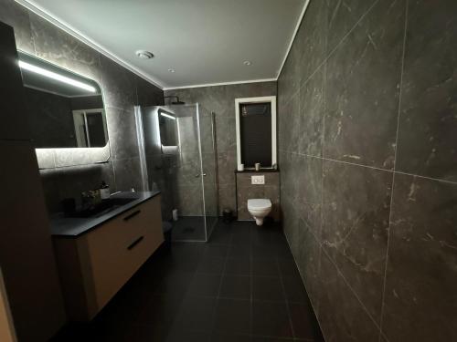 y baño con aseo, lavabo y ducha. en Moderne topp leilighet, 