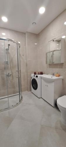 a bathroom with a shower and a washing machine at Apartamentai Mažvydo alėjoje in Klaipėda