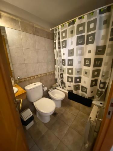 y baño con aseo y cortina de ducha. en Las Golondrinas departamento en San Martín de los Andes