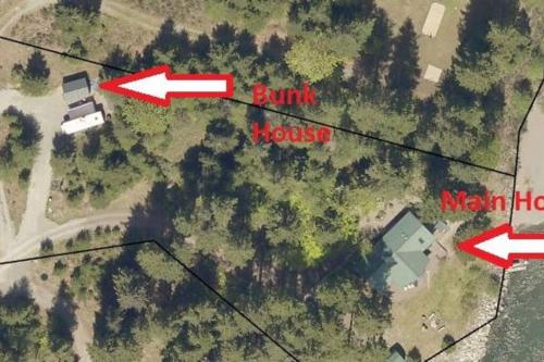 a map of a house with arrows pointing to homes and houses at The River House- Riverfront Cabin-hot tub, gazebo! in Packwood