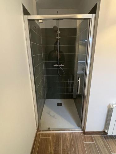 une douche avec une porte vitrée dans une salle de bain dans l'établissement maison de la plage et du golf, à Moliets-et-Maa