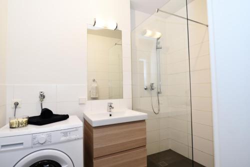 La salle de bains est pourvue d'un lave-linge et d'un lavabo. dans l'établissement Flataid Apartments Stadion & Messe Graz, à Graz