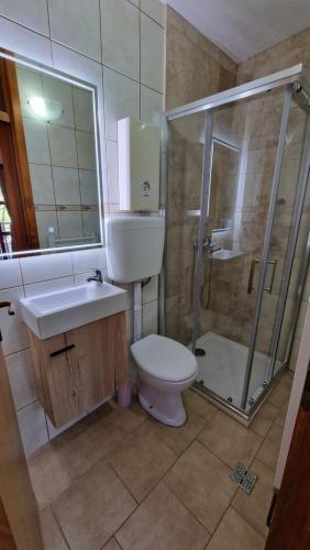 La salle de bains est pourvue de toilettes, d'une douche et d'un lavabo. dans l'établissement Pansion Oscar Summer Garden, à Mostar
