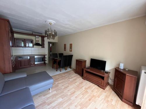 a living room with a couch and a tv at Moonlight in Győr