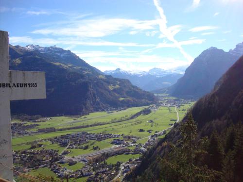 a view of a town in a valley with mountains at Studio "Chüngelhoschet" in Näfels